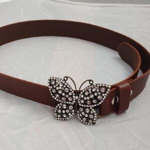 Rustic Brown Leather Belt With Rhinestone Butterfly Buckle